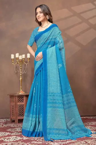 sky blue colour Linen cotton Ready Pleated saree with unstitched blouse