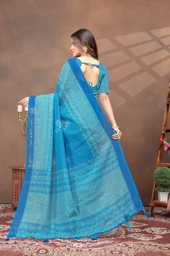 sky blue colour Linen cotton Ready Pleated saree with unstitched blouse