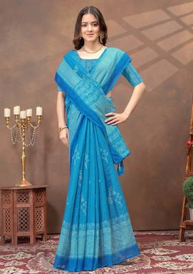 sky blue colour Linen cotton Ready Pleated saree with unstitched blouse 4