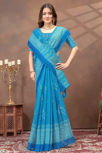 sky blue colour Linen cotton Ready Pleated saree with unstitched blouse