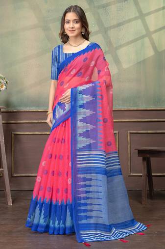 pink colour Linen cotton ready to wear saree with unstitched blouse