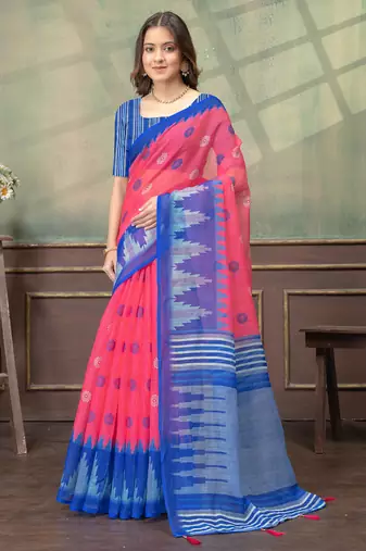pink colour Linen cotton ready to wear saree with unstitched blouse