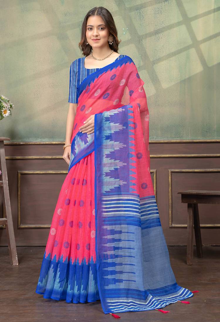 pink colour Linen cotton ready to wear saree with unstitched blouse
