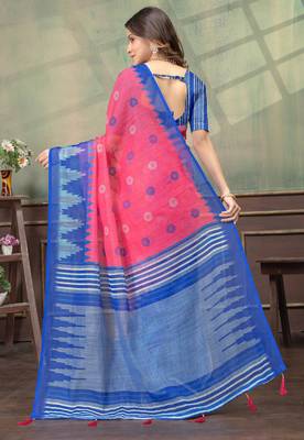 pink colour Linen cotton Ready Pleated saree with unstitched blouse 3