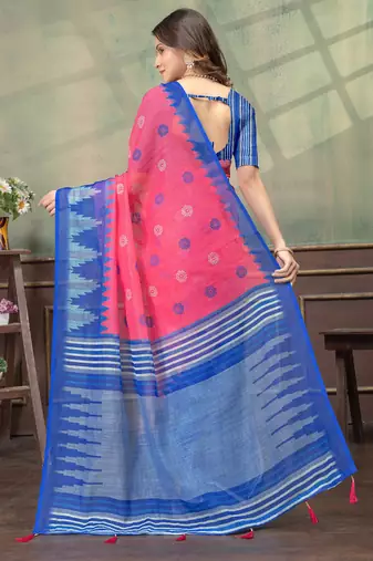 pink colour Linen cotton Ready Pleated saree with unstitched blouse