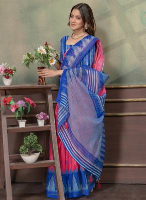 pink colour Linen cotton Ready Pleated saree with unstitched blouse 4