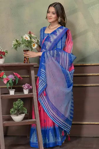 pink colour Linen cotton Ready Pleated saree with unstitched blouse