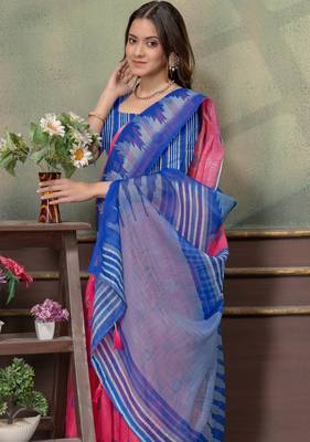 pink colour Linen cotton Ready Pleated saree with unstitched blouse 5