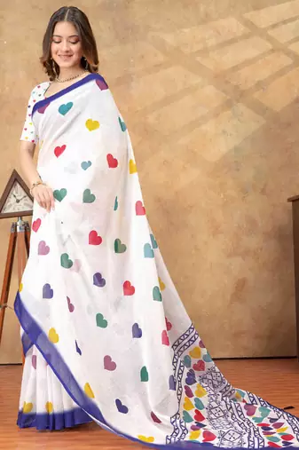 white colour Linen cotton ready to wear saree with unstitched blouse