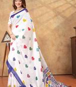 white colour Linen cotton ready to wear saree with unstitched blouse