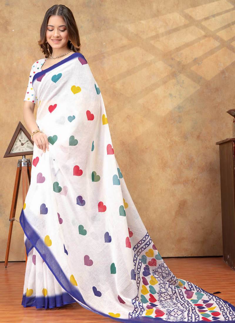 white colour Linen cotton ready to wear saree with unstitched blouse