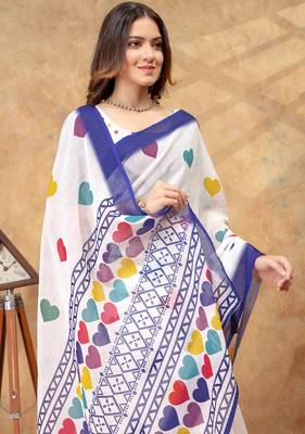 white colour Linen cotton Ready Pleated saree with unstitched blouse 2