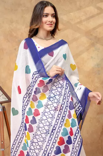 white colour Linen cotton Ready Pleated saree with unstitched blouse