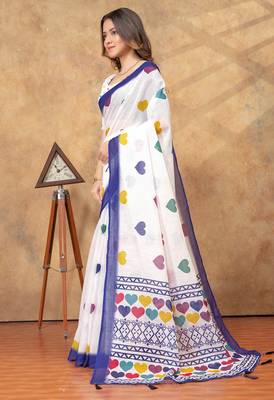 white colour Linen cotton Ready Pleated saree with unstitched blouse 5