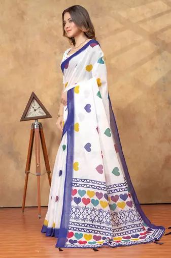 white colour Linen cotton Ready Pleated saree with unstitched blouse