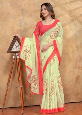 cream linen cotton pre-stitched saree 1