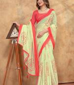 cream colour Linen cotton ready to wear saree with unstitched blouse