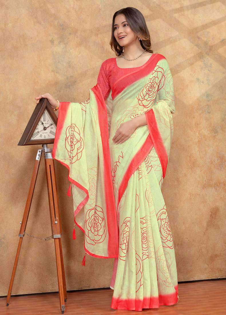 cream colour Linen cotton ready to wear saree with unstitched blouse