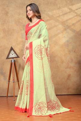 cream linen cotton pre-stitched saree 3