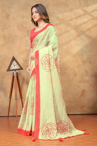 cream linen cotton pre-stitched saree