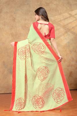 cream linen cotton pre-stitched saree 4