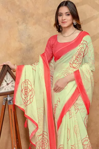 cream linen cotton pre-stitched saree