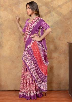 purple colour Linen cotton Ready Pleated saree with unstitched blouse 4