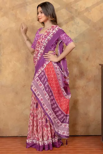 purple colour Linen cotton Ready Pleated saree with unstitched blouse