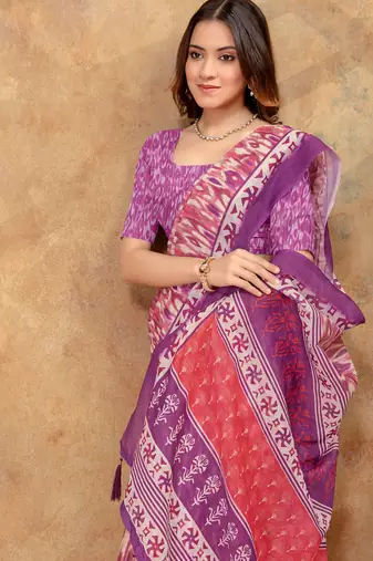 purple colour Linen cotton Ready Pleated saree with unstitched blouse