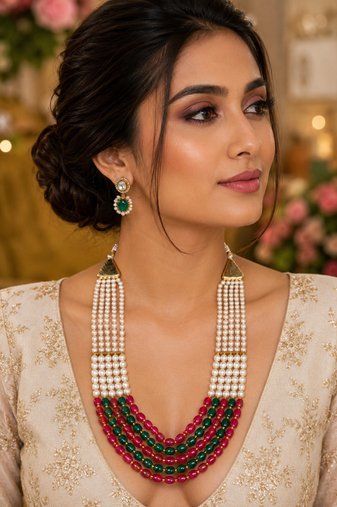 Ruby Green Pearl Layered Necklace Set