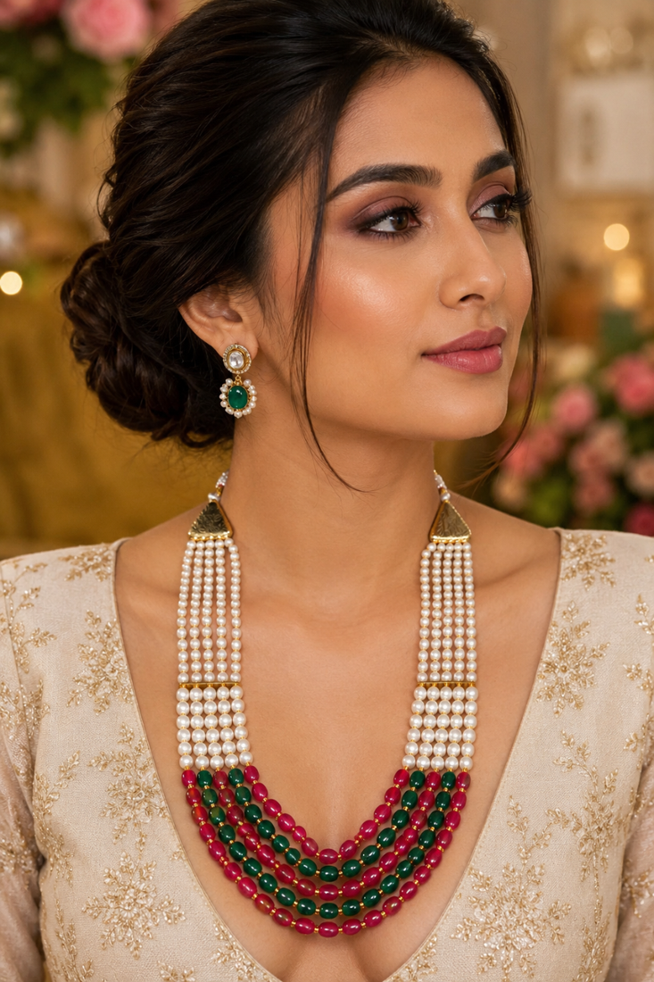 Ruby Green Pearl Layered Necklace Set