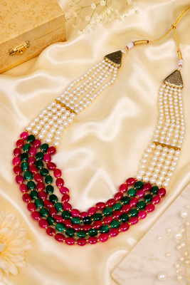 Ruby Green Pearl Layered Necklace Set 2