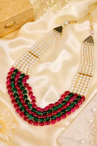 Ruby Green Pearl Layered Necklace Set