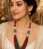 Traditional Red Green Beaded Necklace Set