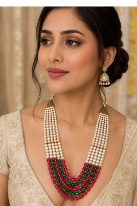 Ruby Green Pearl Layered Necklace Set 3
