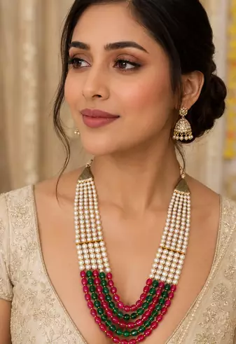 Ruby Green Pearl Layered Necklace Set