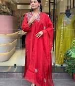 Red chanderi silk embroidery kurta set with dupatta | party wear kurti set