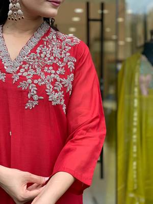 Red chanderi silk embroidery kurta set with dupatta | party wear kurti set 5