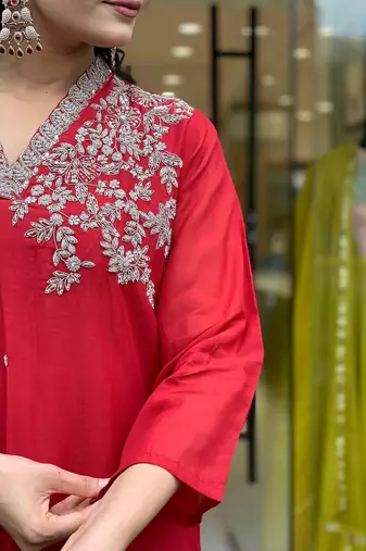 Red chanderi silk embroidery kurta set with dupatta | party wear kurti set