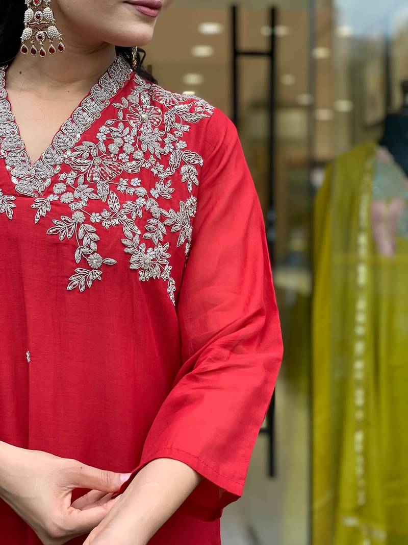 Red chanderi silk embroidery kurta set with dupatta | party wear kurti set