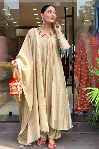 Cream chanderi silk sequin embroidery kurta set with dupatta | readymade suit
