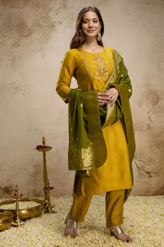 Mustard vatican silk embroidery kurta set with jacquard dupatta | readymade suit