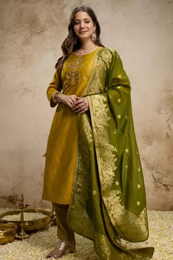 Mustard vatican silk embroidery kurta set with jacquard dupatta | readymade suit