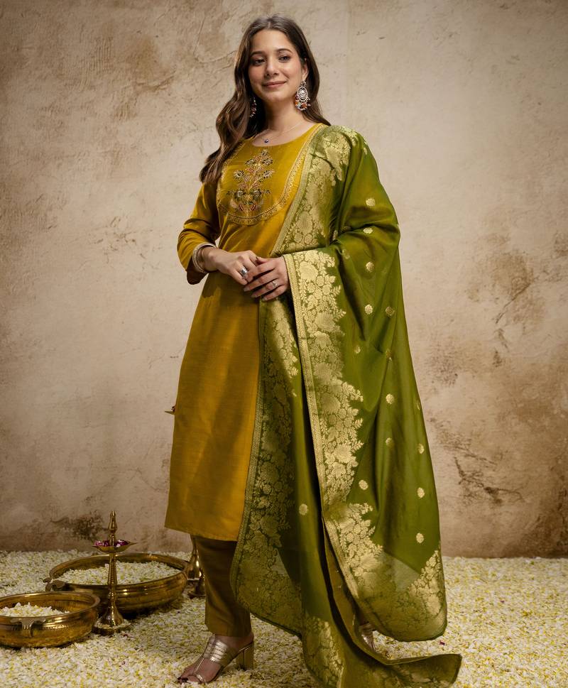 Mustard vatican silk embroidery kurta set with jacquard dupatta | readymade suit
