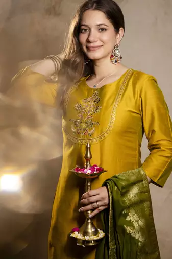 Mustard vatican silk embroidery kurta set with jacquard dupatta | readymade suit