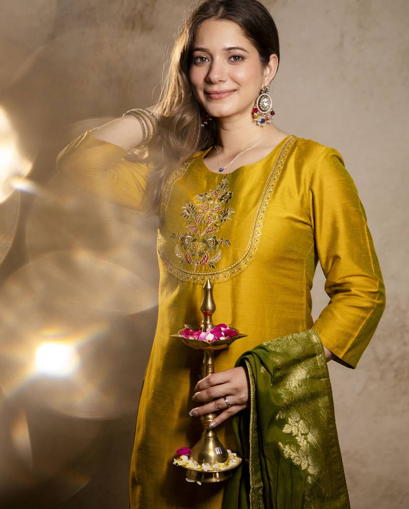 Mustard vatican silk embroidery kurta set with jacquard dupatta | readymade suit