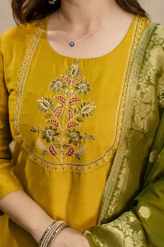 Mustard vatican silk embroidery kurta set with jacquard dupatta | readymade suit