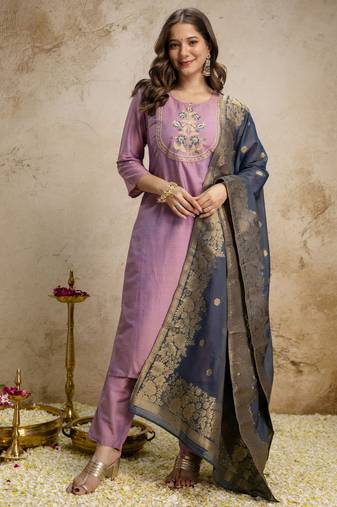Pink vatican silk embroidery kurta set with jacquard dupatta | readymade suit