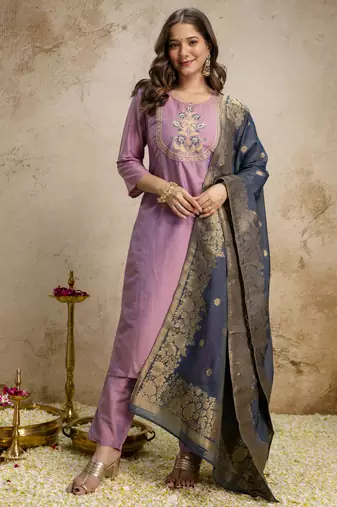Pink vatican silk embroidery kurta set with jacquard dupatta | readymade suit