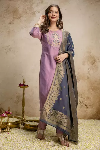 Pink vatican silk embroidery kurta set with jacquard dupatta | readymade suit